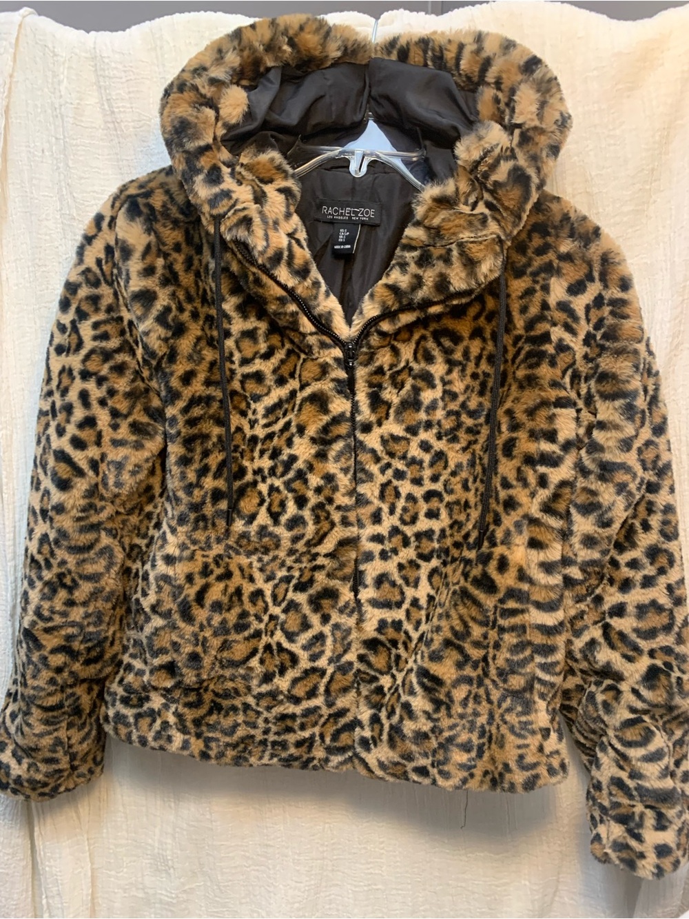 Rachel Zoe Leopard Print Faux Fur Hooded Jacket - Tan/Black